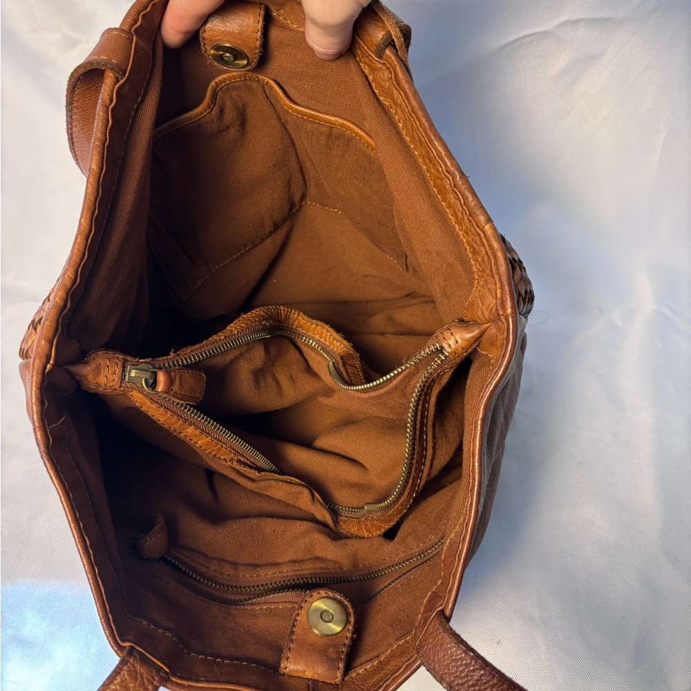 Bottega Style Woven Genuine Leather Tote Bag Brown Leather Shoulder Tote - Picture 5 of 10